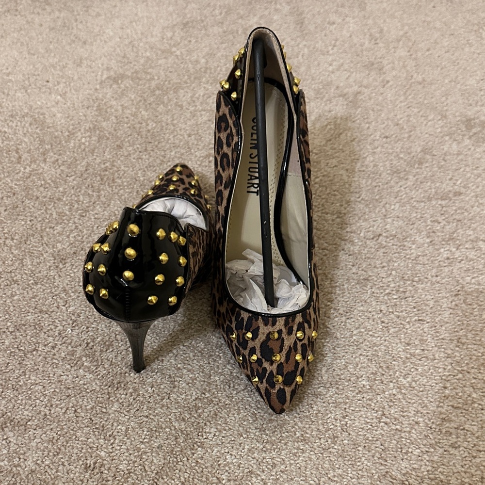 Colin Stuart Leopard Print Heels with Gold Accents
